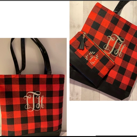Monogram red and black check tote or purse & pouch - Picture 8 of 14